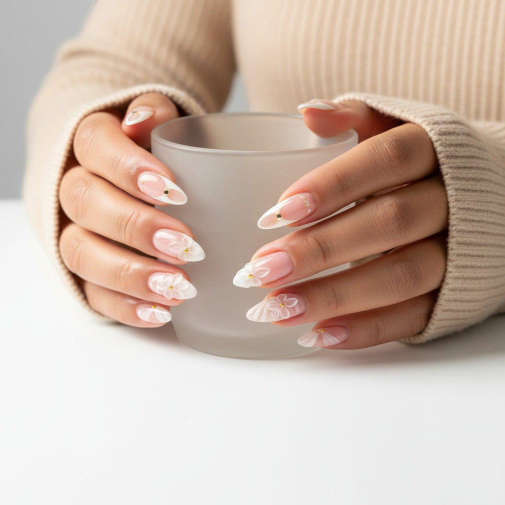 AuraPal French tip press-on nails with 3D white flowers, delicate white swirls, and gold accents. Glossy finish.
