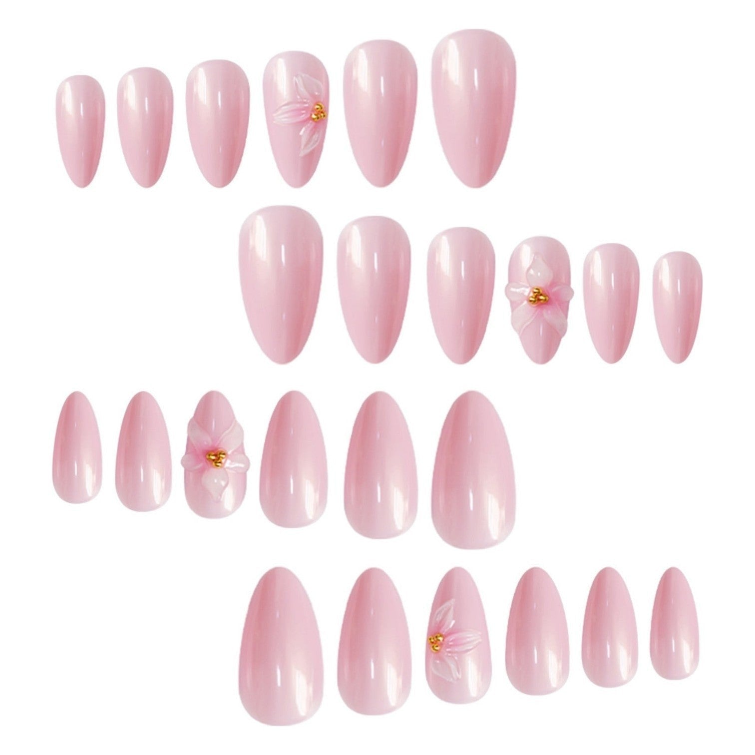 Aurapal almond press-on nails in pearlescent pink with 3D floral accents and gold detailing.