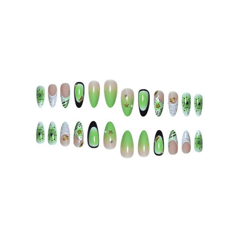 Aurapal almond shaped press-on nails featuring green and white floral designs, shell textures, and gemstone accents.