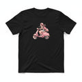 Aurapal black cotton crewneck t-shirt featuring an anime girl riding a pink scooter graphic print
