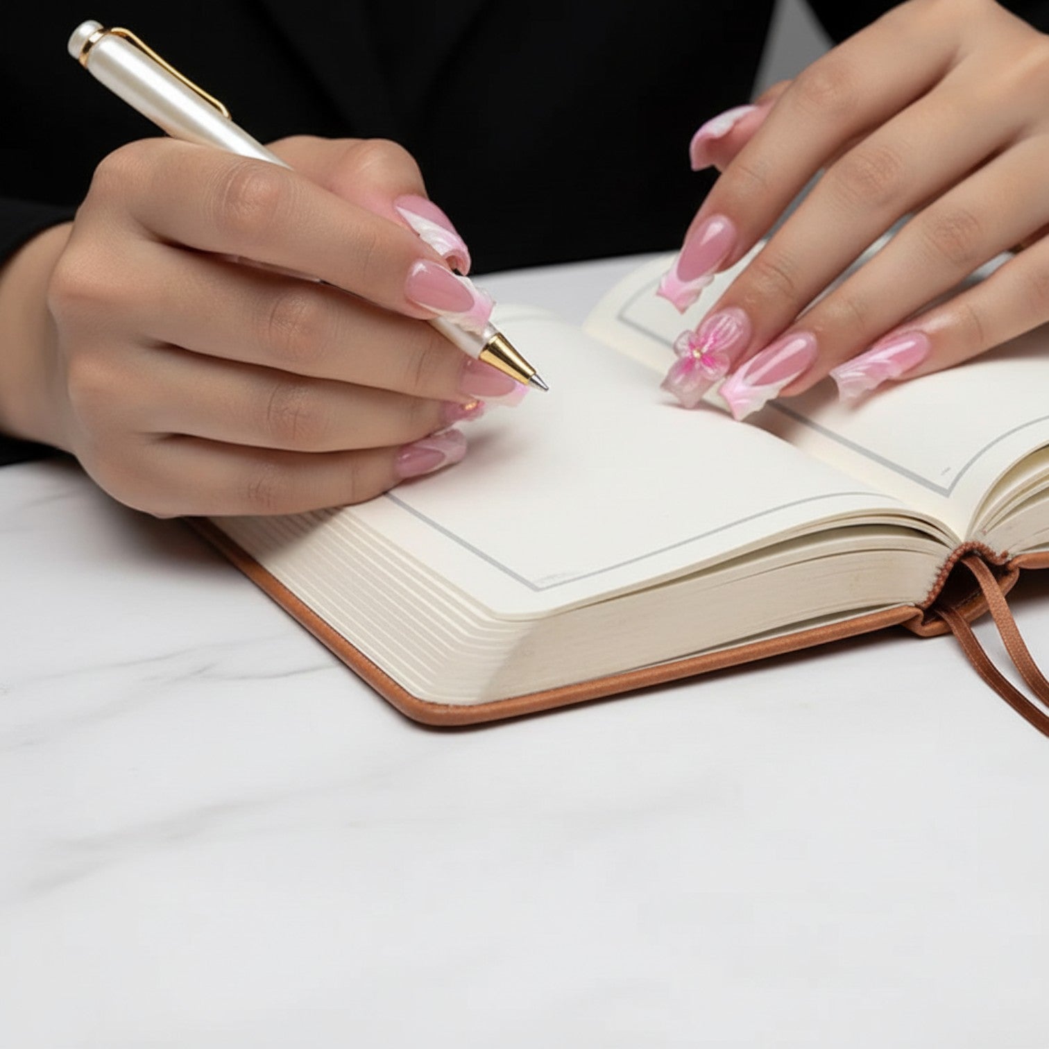 Aura21 press-on nails with 3D pink floral accents and French tips. Long coffin shape.