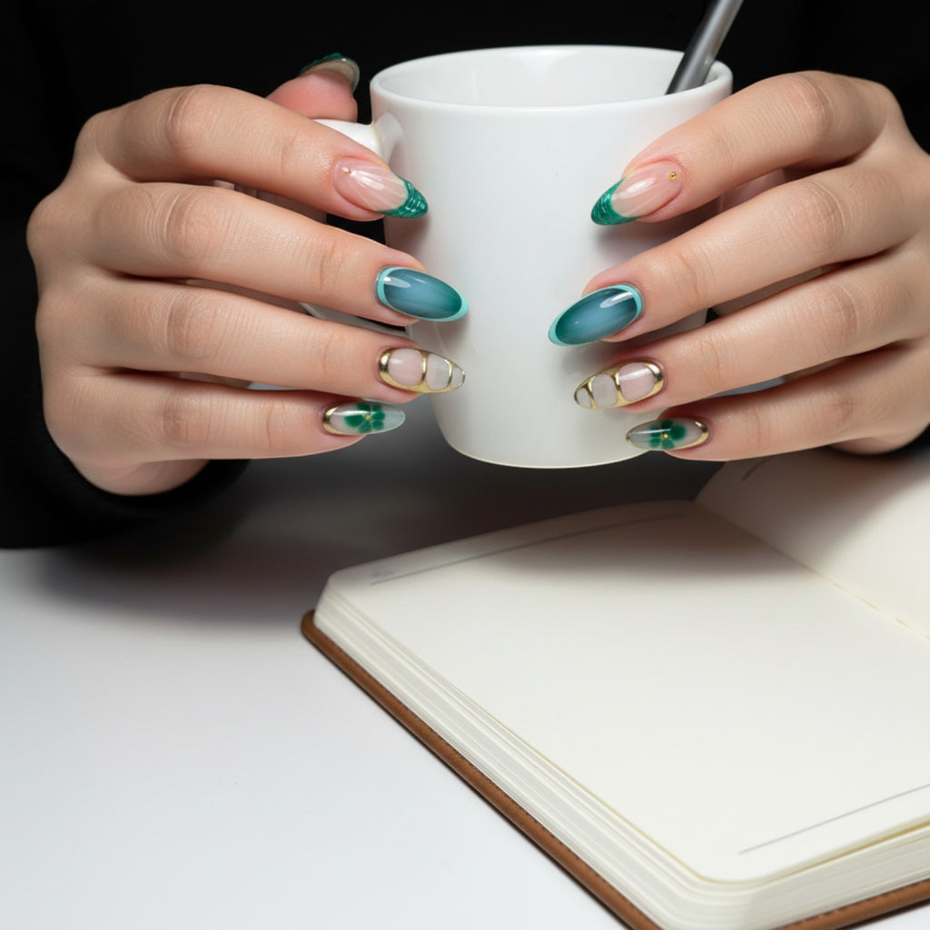 Aurapal Aura32 press-on nails with green and blue ombre, gold accents, and clover design. French tip style.