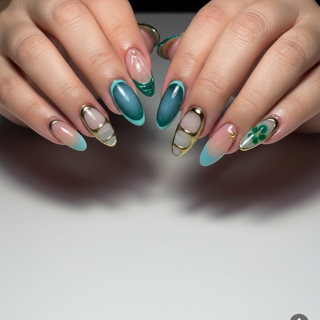 Aurapal Aura32 press-on nails with green and blue ombre, gold accents, and clover design. Almond shape.
