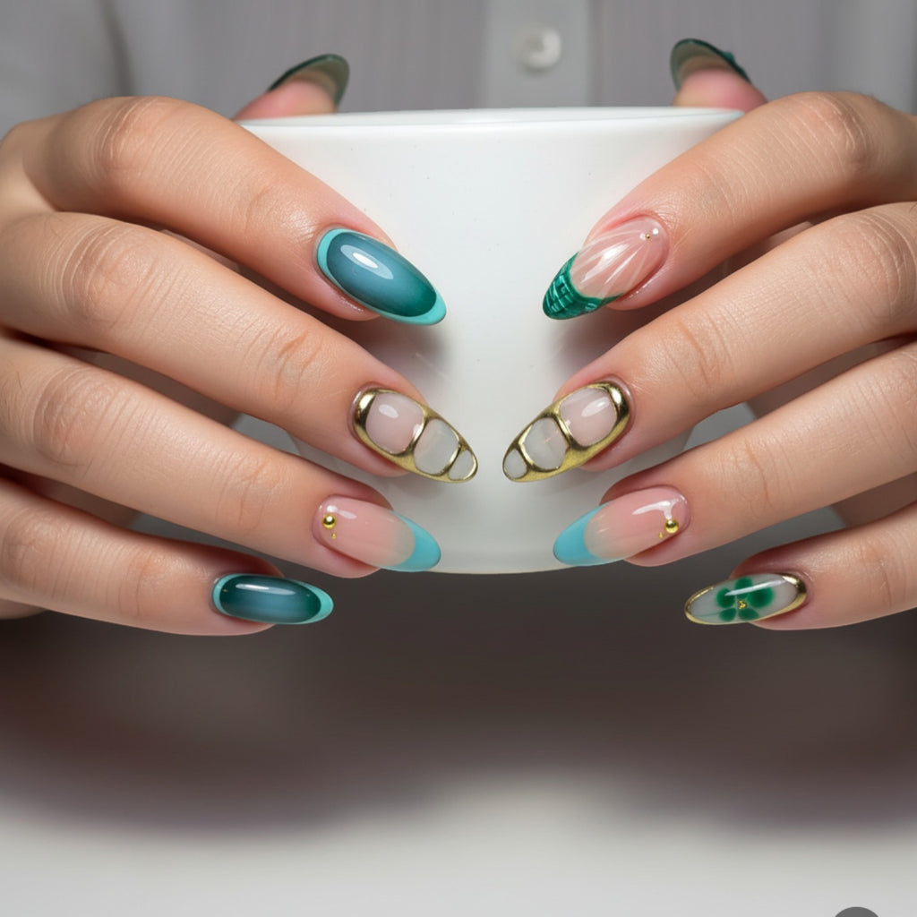 Aurapal Aura32 press-on nails with green, blue, and gold accents. Features clover design and French tips.