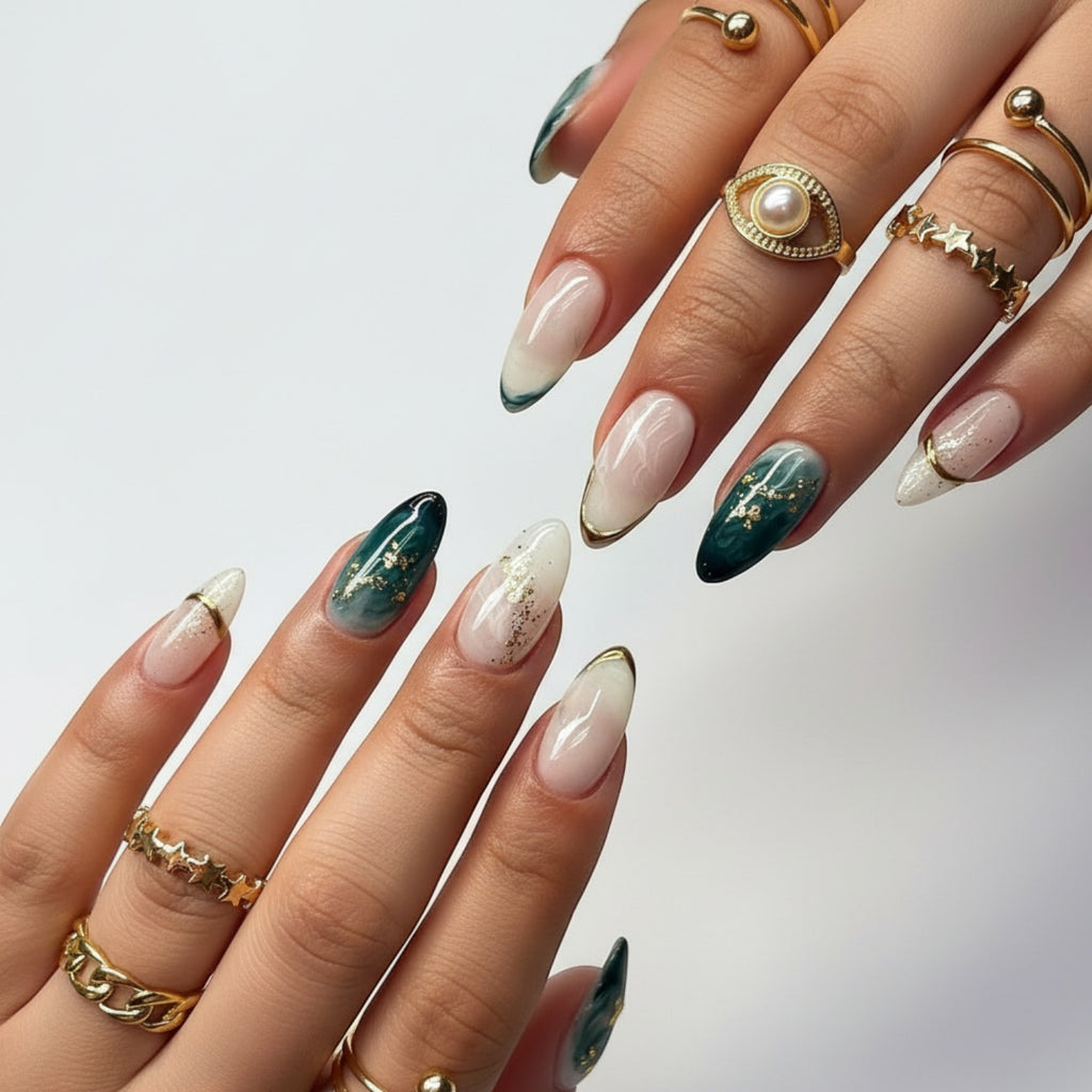 Aurapal Aura43 press-on nails in white, marble, and deep green with gold accents and 3D floral detail.
