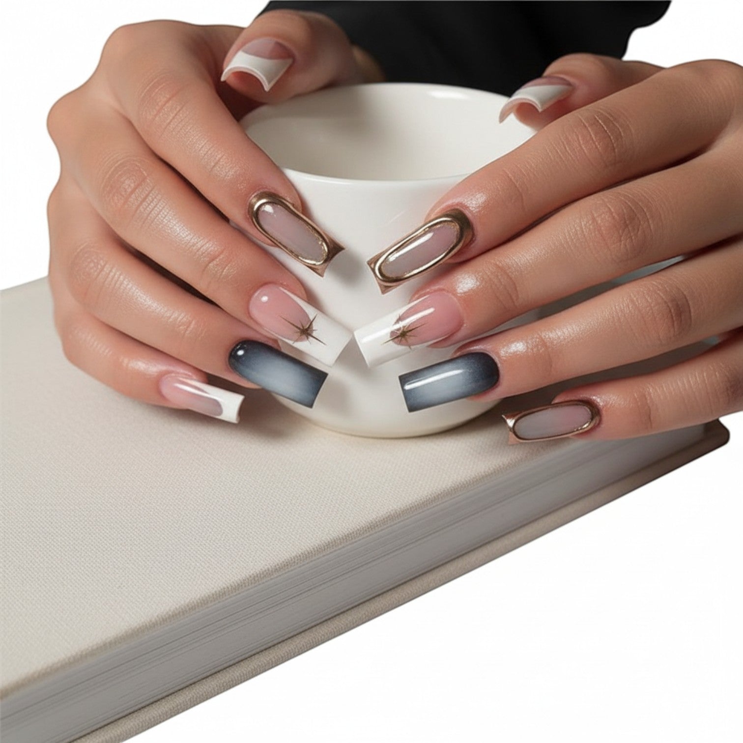 Aurapal Aura56 press-on nails: French tip, ombre, and gold accent designs. Square and coffin shapes.