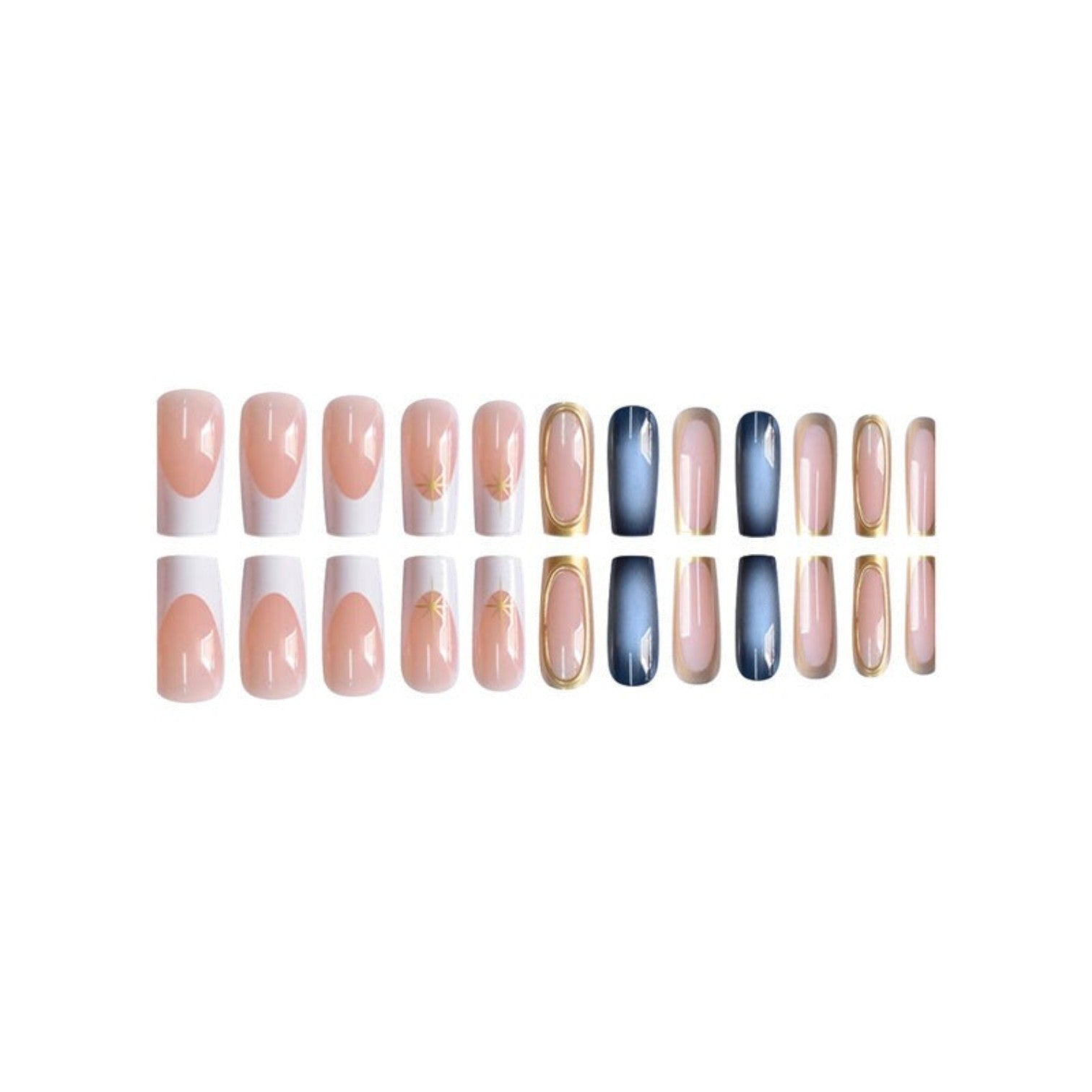 Aurapal Aura56 press-on nail set featuring French tips, charcoal ombre gradients, and metallic gold accents.