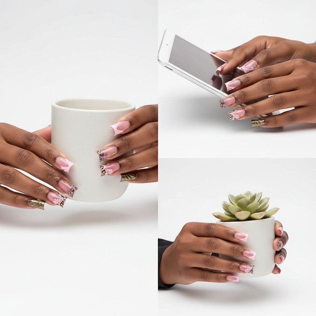 Aurapal Aura65 press-on nails with pink, leopard print, gold metallic, and 3D floral accents. Long, sculpted tips.