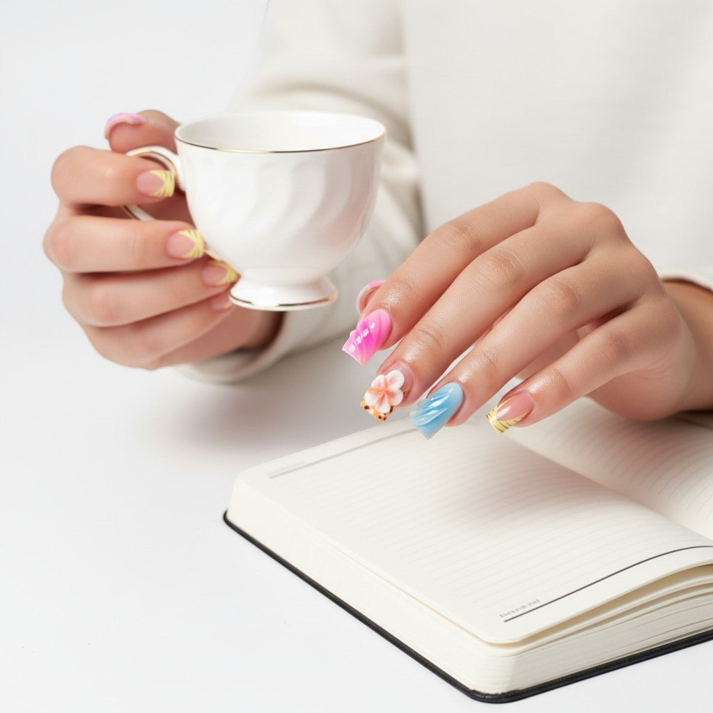 Aura70 press-on nails with vibrant designs: pink swirls, blue waves, tiger print, and floral accents.