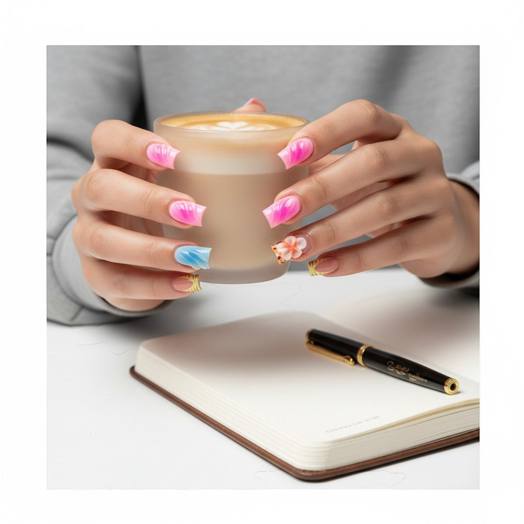 Aura70 press-on nails with vibrant designs: pink swirls, blue waves, tiger print, and floral accents.