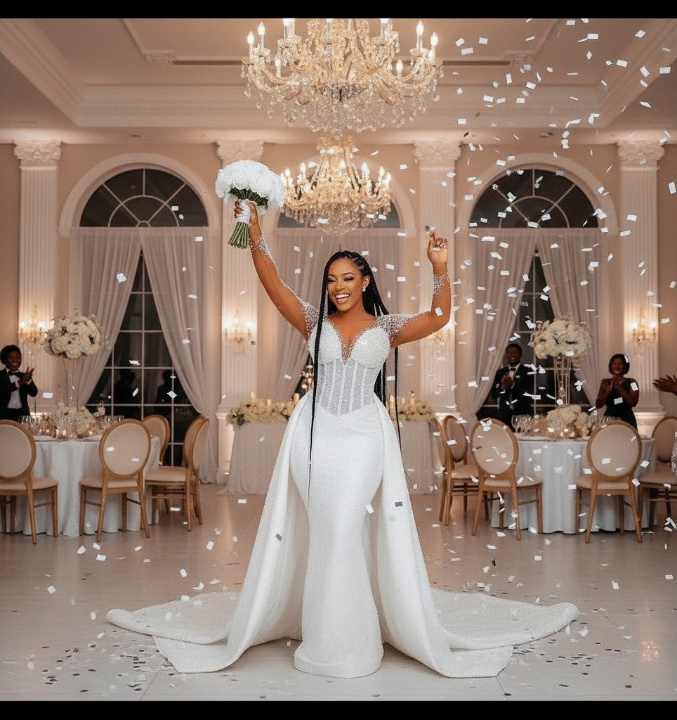 Aurapal white beaded mermaid wedding gown with long sleeves and detachable train worn by a bride in a ballroom.
