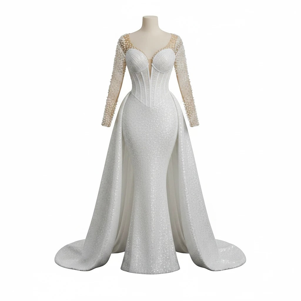 Aurapal white mermaid wedding gown with pearl-embellished bodice, sheer long sleeves, and a detachable train.