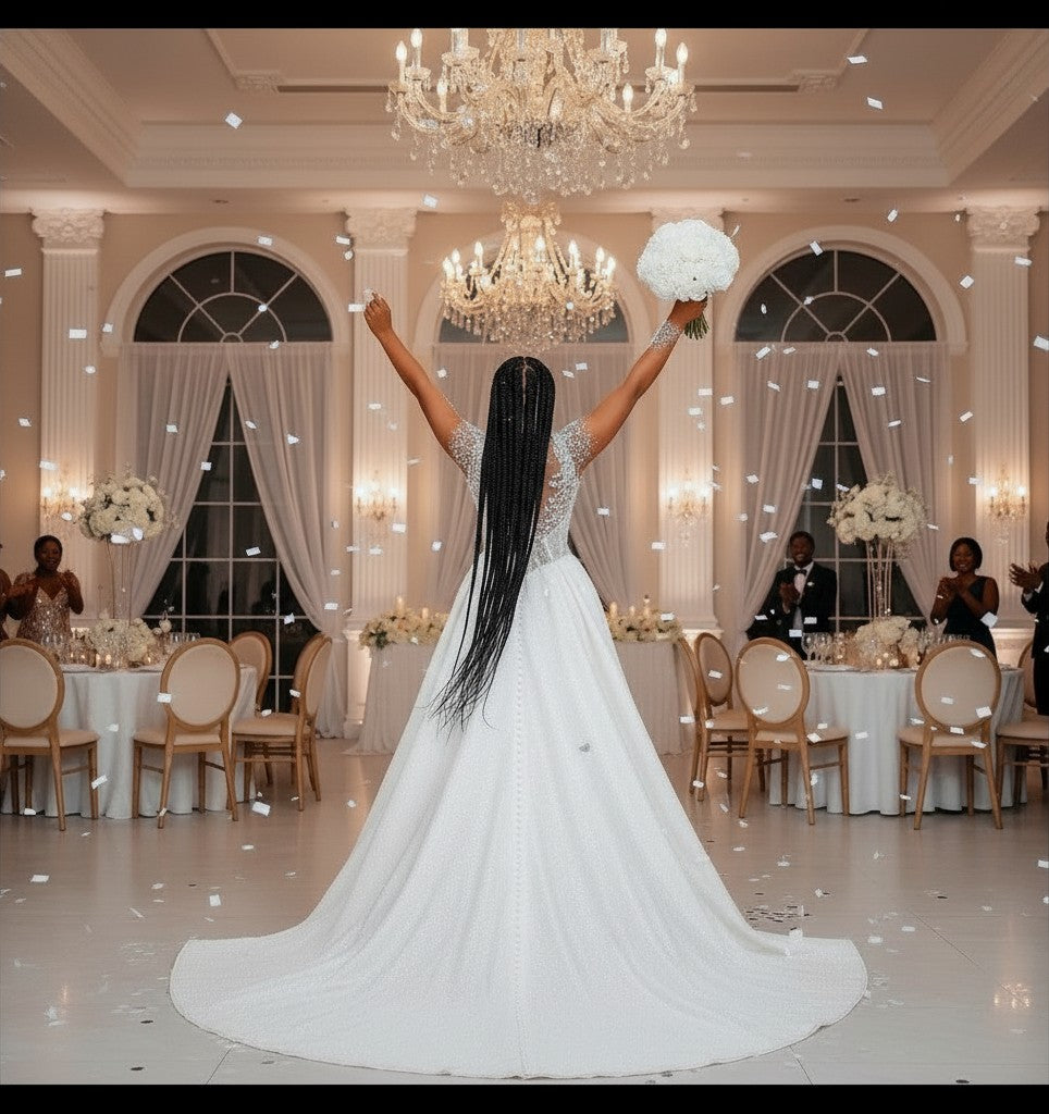 Aurapal beaded mermaid wedding gown with detachable train worn by a bride in a luxurious ballroom with confetti
