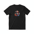 Aurapal black cotton crew neck t-shirt featuring a colorful watercolor bear graphic with a hat and glasses.