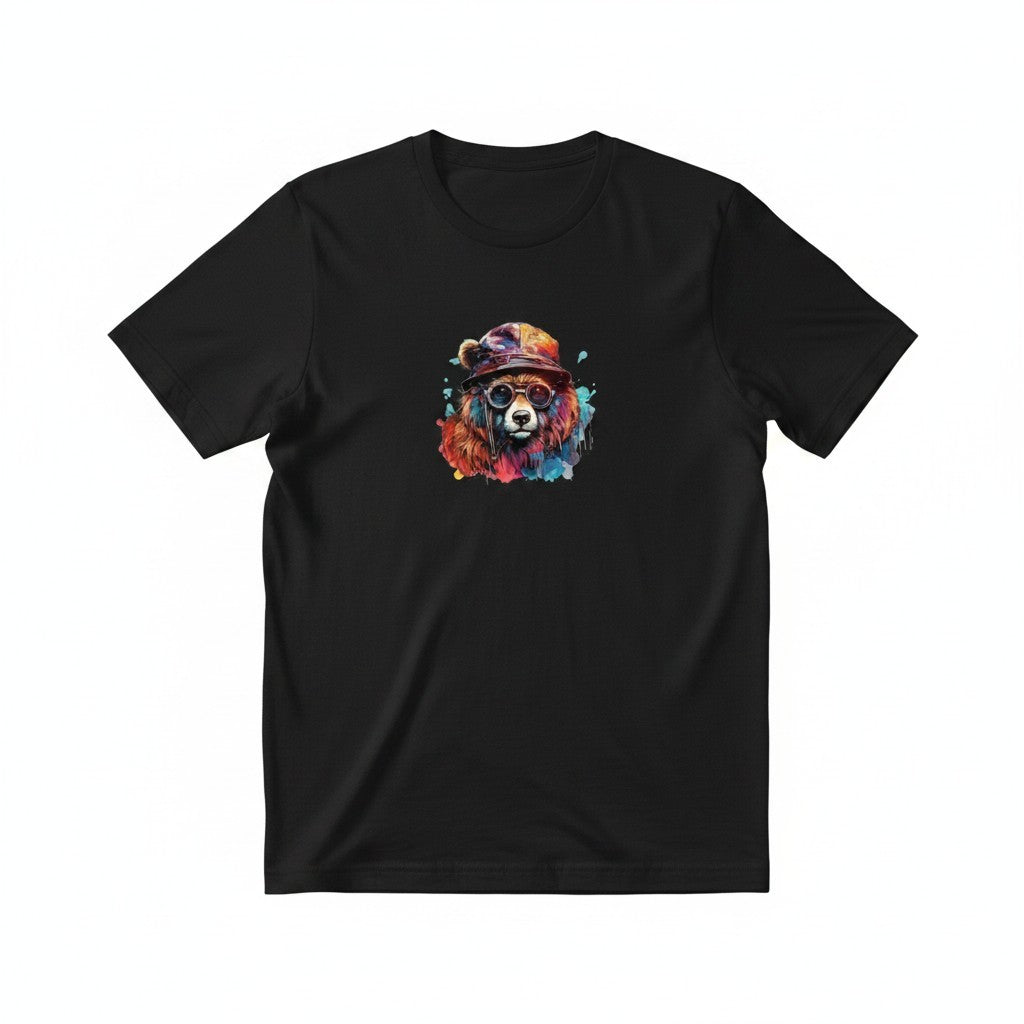 Aurapal black cotton crew neck t-shirt featuring a colorful watercolor bear graphic with a hat and glasses.