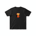 Aurapal black cotton crewneck t-shirt featuring a vibrant orange and black stylized cat graphic print.