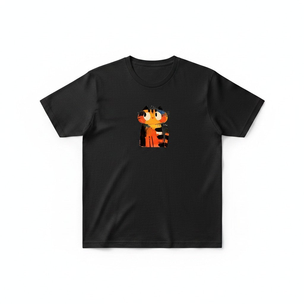 Aurapal black cotton crewneck t-shirt featuring a vibrant orange and black stylized cat graphic print.