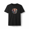 Aurapal black crew neck t-shirt featuring a vibrant watercolor elephant graphic print on soft cotton fabric.