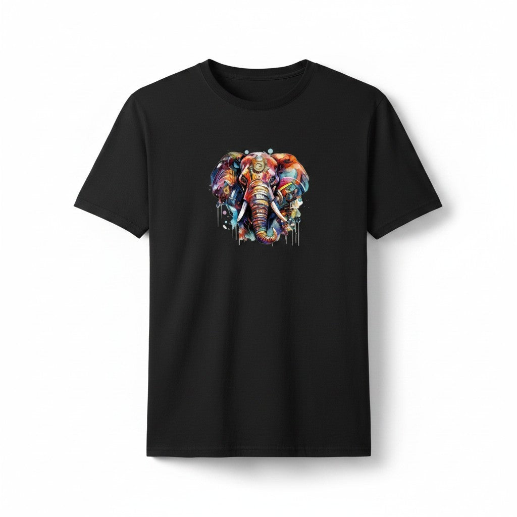 Aurapal black crew neck t-shirt featuring a vibrant watercolor elephant graphic print on soft cotton fabric.