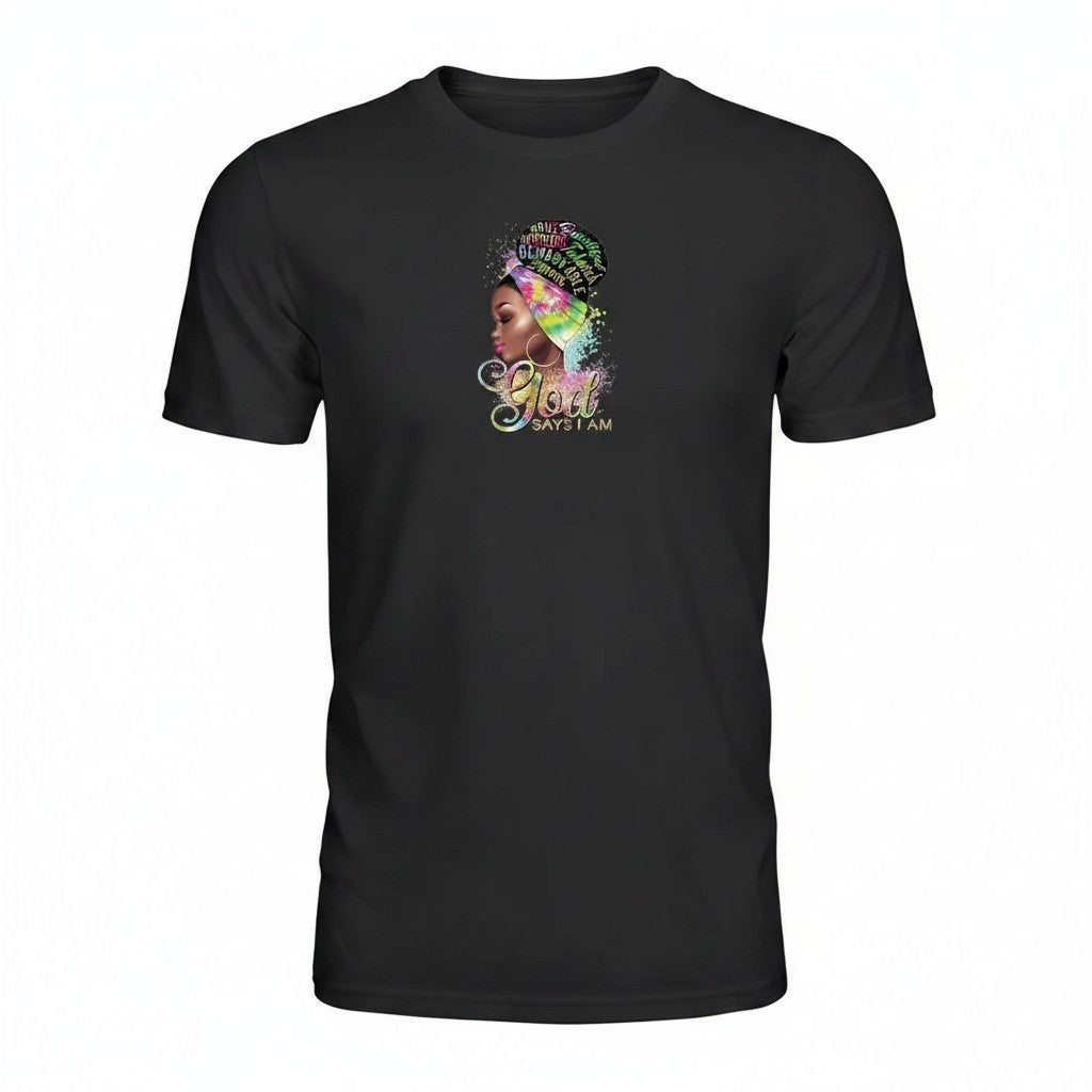 Aurapal black crewneck t-shirt featuring a vibrant graphic of a woman in a colorful headwrap with God Says I Am text.