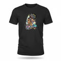 Aurapal black crewneck t-shirt featuring a vibrant graphic of a woman in a headwrap with God Says I Am typography.