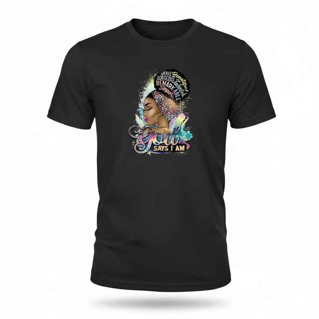 Aurapal black crewneck t-shirt featuring a vibrant graphic of a woman in a headwrap with God Says I Am typography.