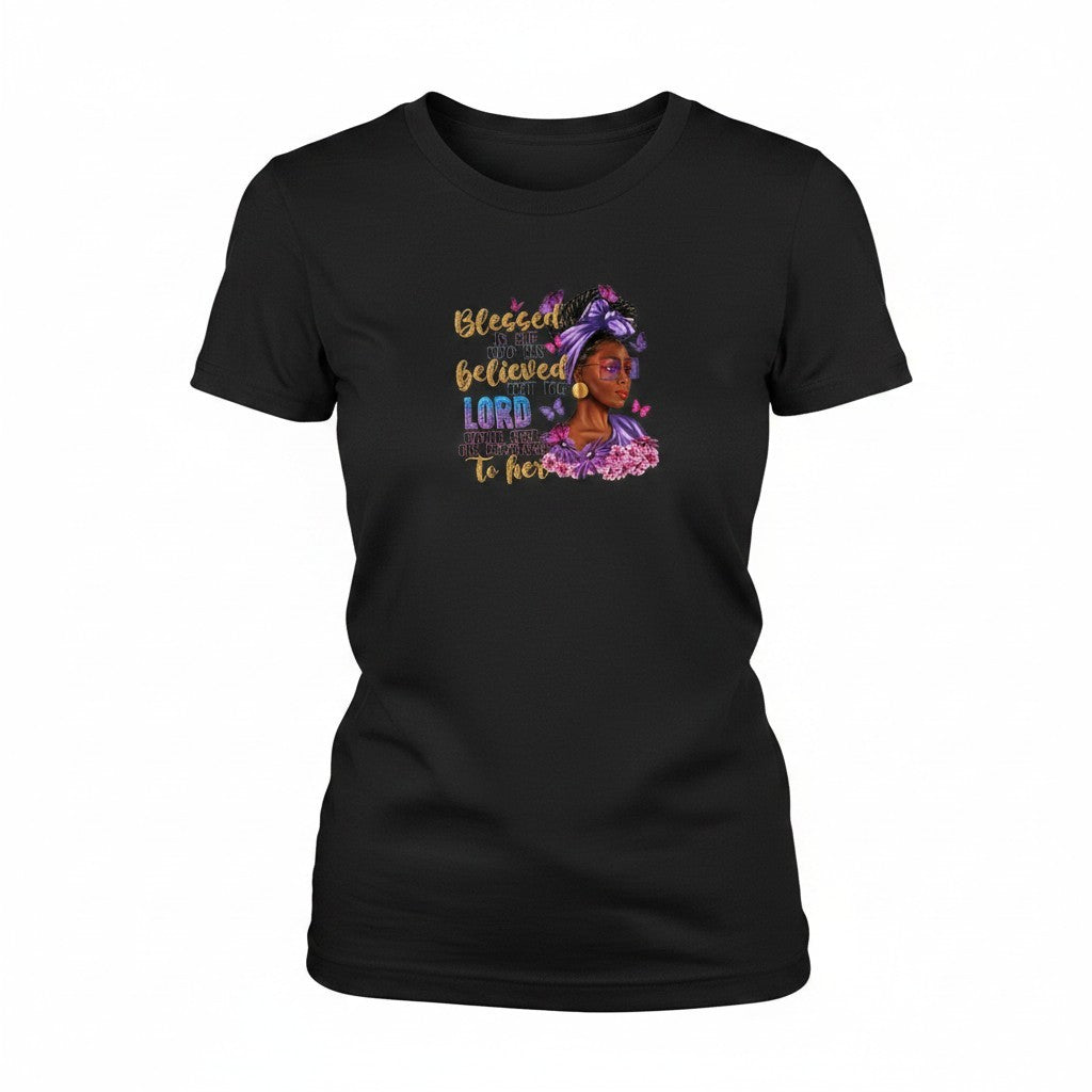 Aurapal black cotton crewneck t-shirt featuring a vibrant graphic of a woman with purple accents and faith-based text.