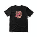 Aurapal black cotton crewneck t-shirt featuring a pink and orange flaming skateboard graphic and retro typography.