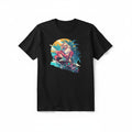 Aurapal black cotton crew neck t-shirt featuring a vibrant graphic print of a skater against a sunset and palm trees.