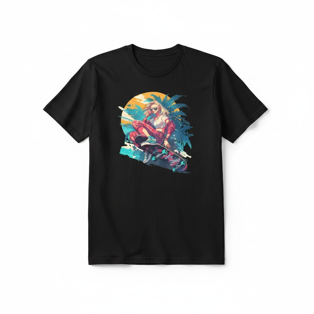 Aurapal black cotton crew neck t-shirt featuring a vibrant graphic print of a skater against a sunset and palm trees.