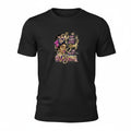 Aurapal black crew neck t-shirt featuring a graphic of a woman with floral accents and inspirational gold typography.