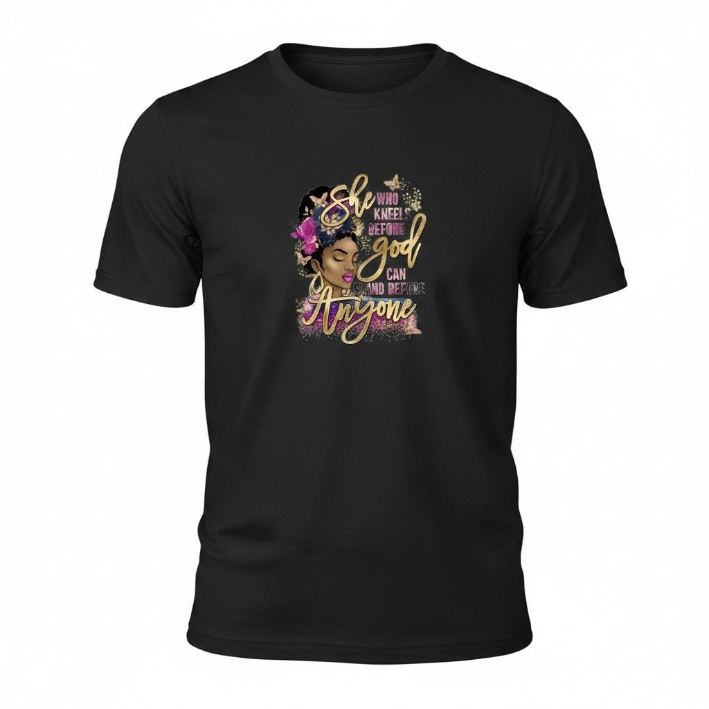 Aurapal black crew neck t-shirt featuring a graphic of a woman with floral accents and inspirational gold typography.