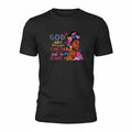 Aurapal black cotton crew neck t-shirt featuring a vibrant graphic of a woman with butterflies and inspirational text.
