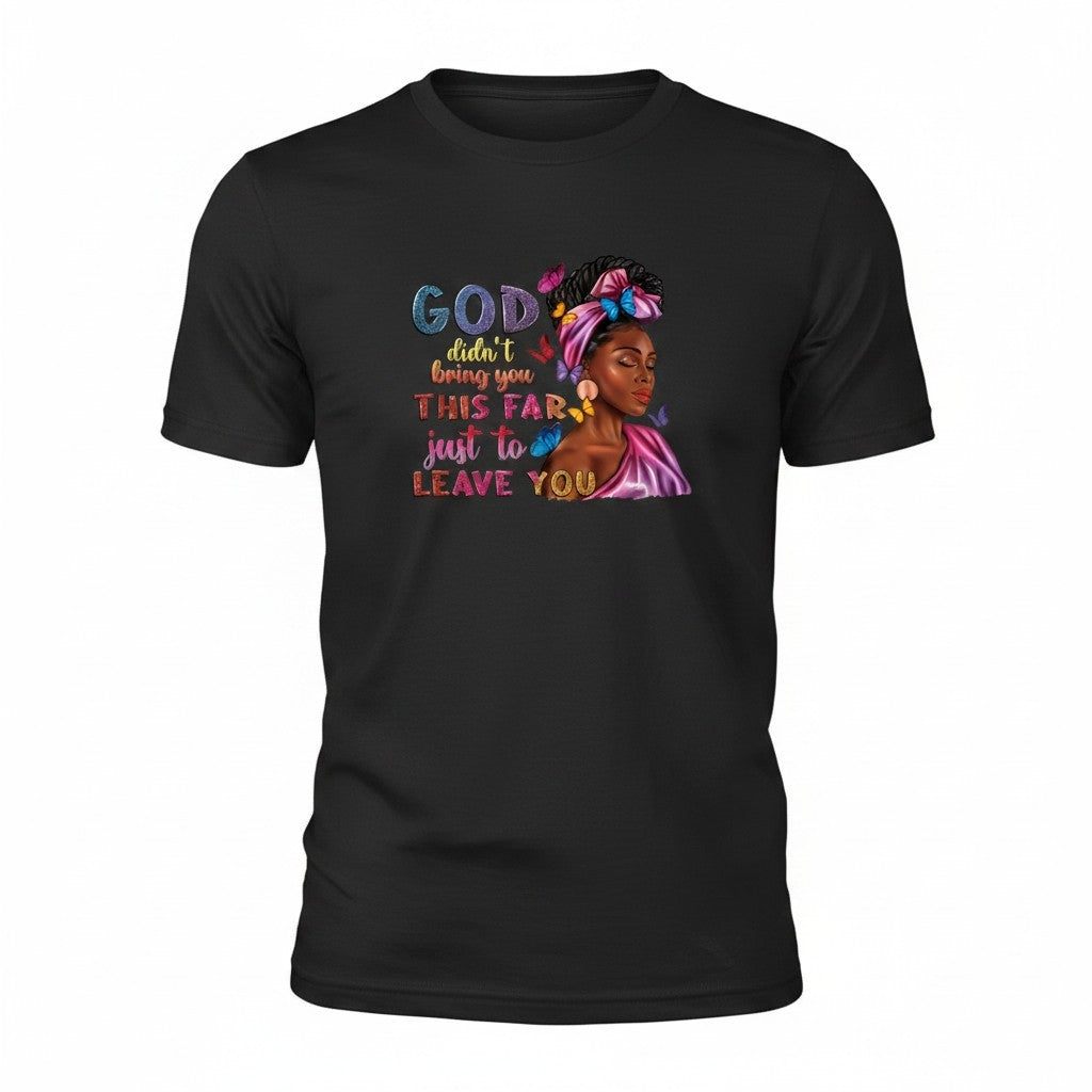 Aurapal black cotton crew neck t-shirt featuring a vibrant graphic of a woman with butterflies and inspirational text.