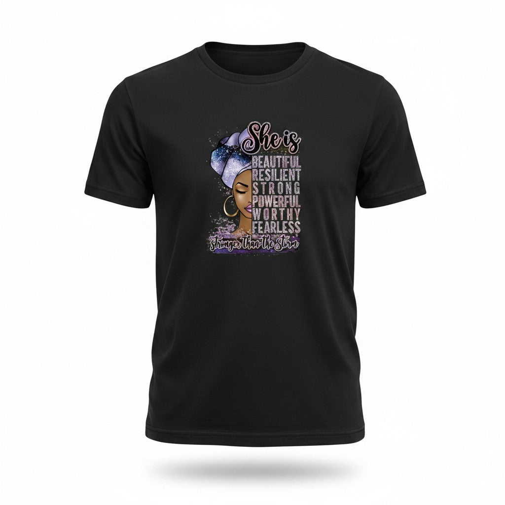 Aurapal black crew neck t-shirt featuring a graphic of a woman in a galaxy headwrap with inspirational affirmations.