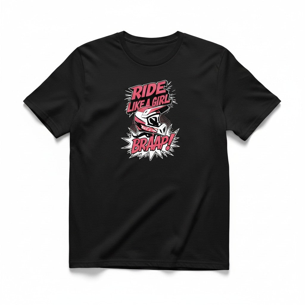 Aurapal black cotton crew neck t-shirt featuring a pink and white Ride Like A Girl motocross graphic print