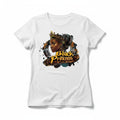 Aurapal white crew neck t-shirt featuring a vibrant Black Princess graphic illustration with a golden crown.