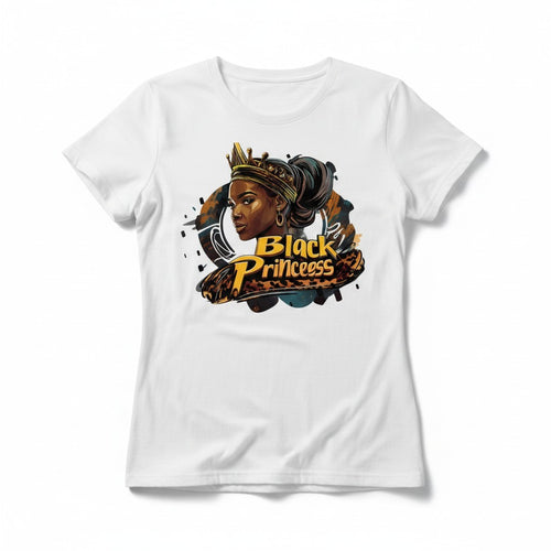 Aurapal white crew neck t-shirt featuring a vibrant Black Princess graphic illustration with a golden crown.