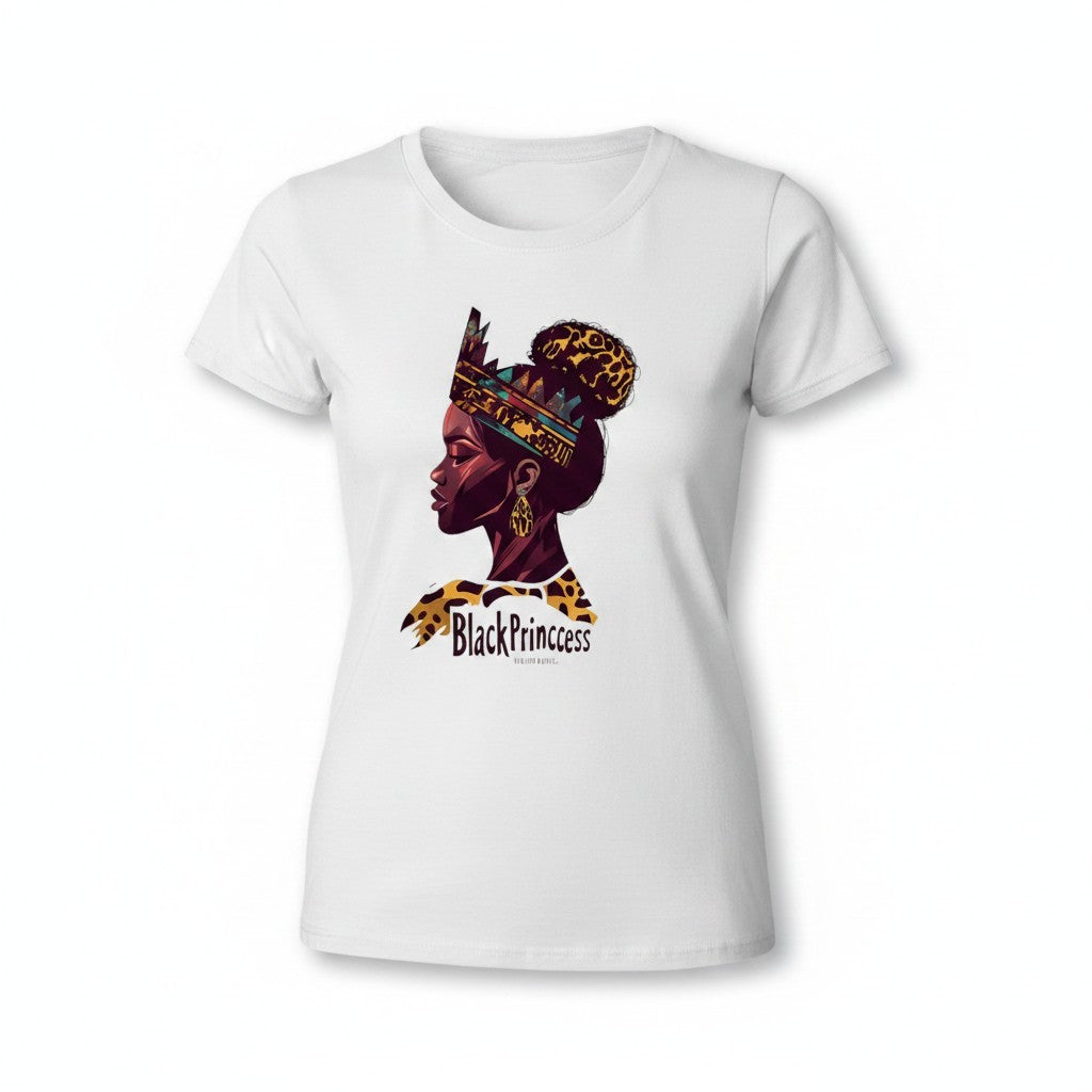 Aurapal white crew neck t-shirt featuring a vibrant profile illustration of a queen with a crown and leopard print.