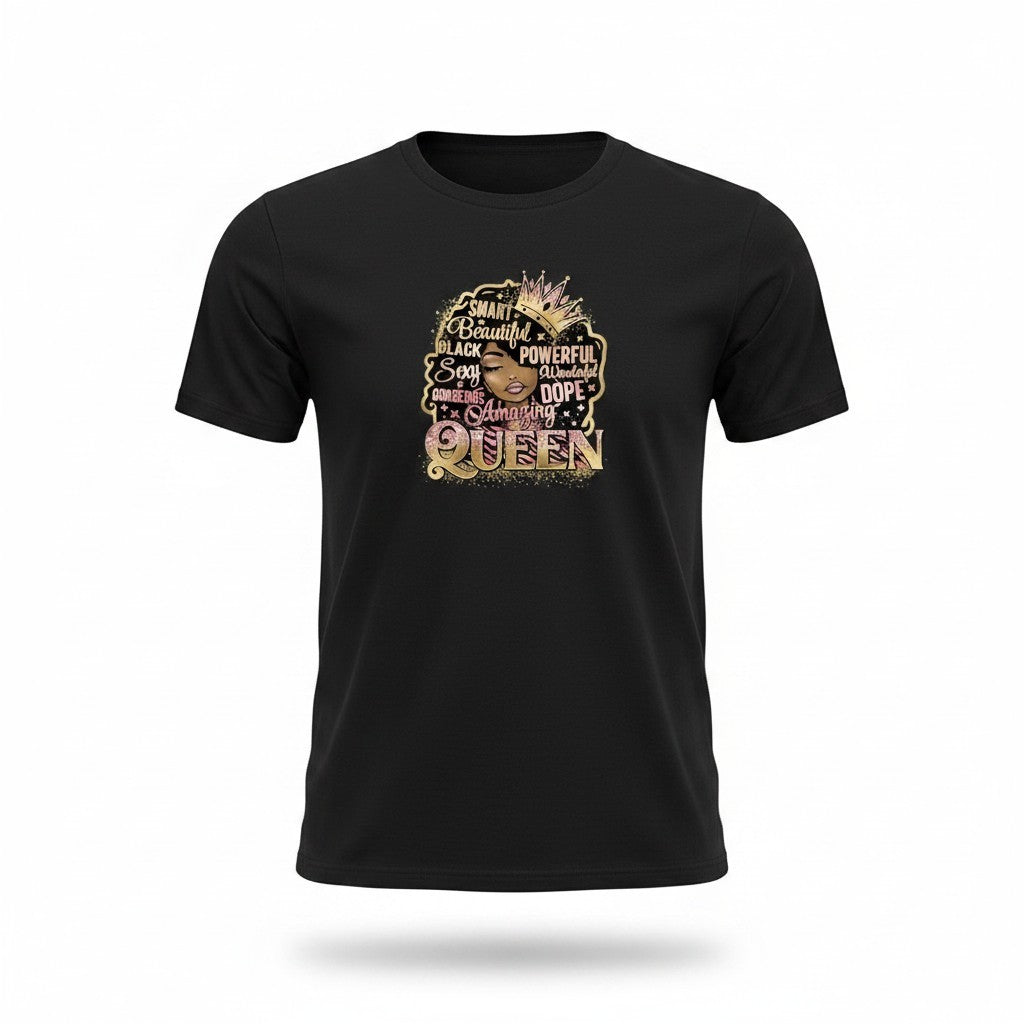 Aurapal black cotton crew neck t-shirt featuring a gold and pink Black Queen graphic print with empowering words.