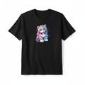 Aurapal black crewneck t-shirt featuring a vibrant watercolor snow leopard cub graphic print