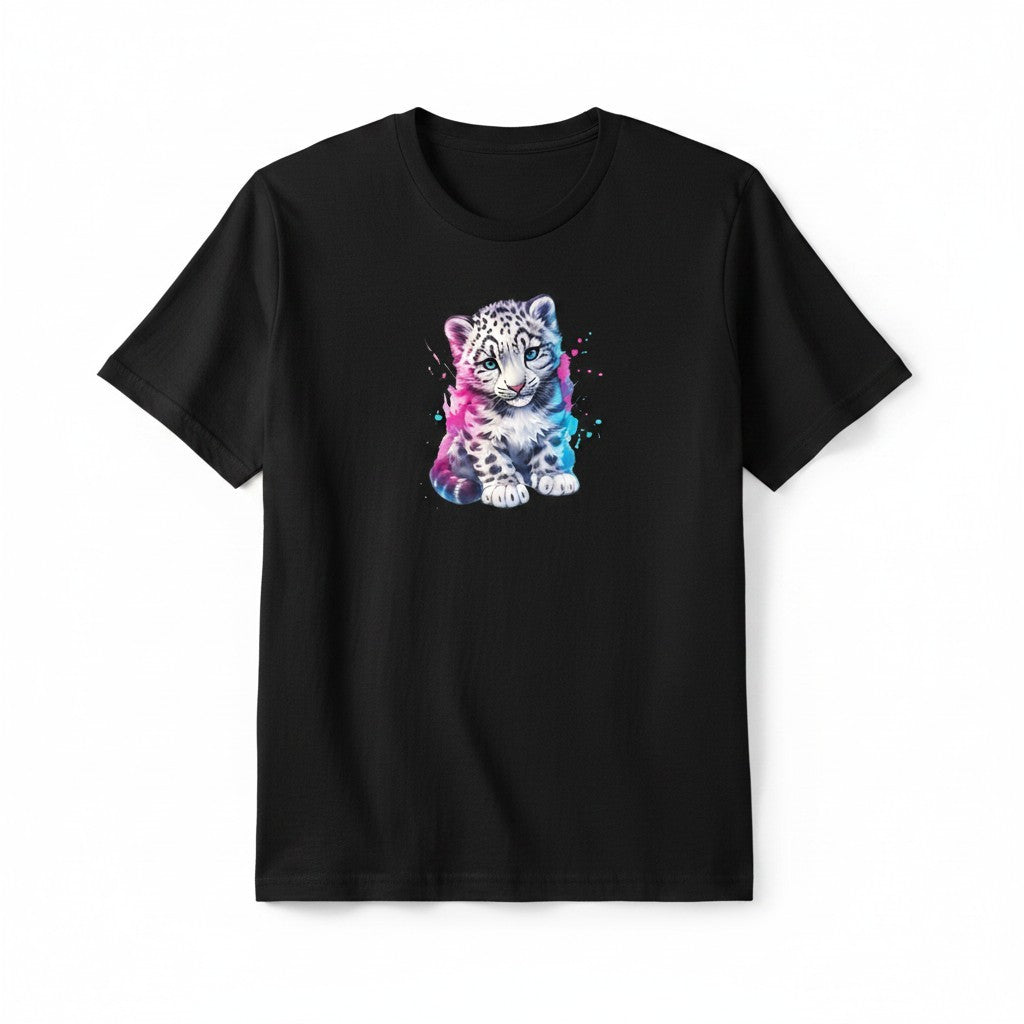 Aurapal black crewneck t-shirt featuring a vibrant watercolor snow leopard cub graphic print