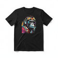 Aurapal black cotton crew neck t-shirt featuring a colorful steampunk ape graphic print with goggles.