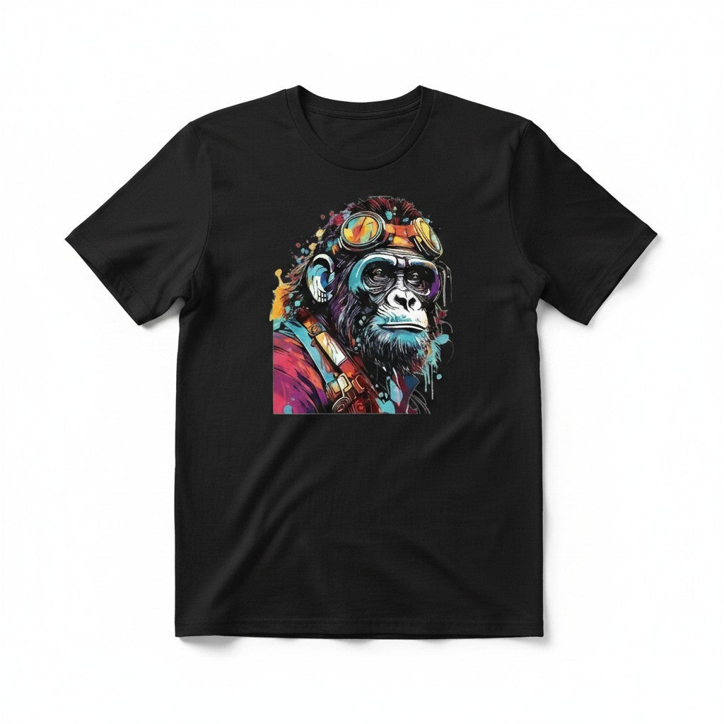 Aurapal black cotton crew neck t-shirt featuring a colorful steampunk ape graphic print with goggles.