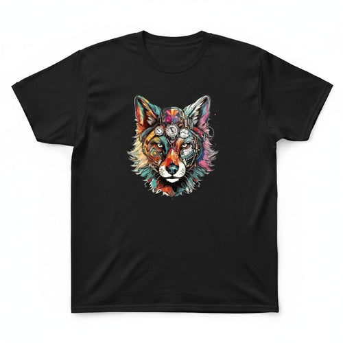 Aurapal black cotton crew neck t-shirt featuring a vibrant, multi-colored steampunk wolf graphic print.