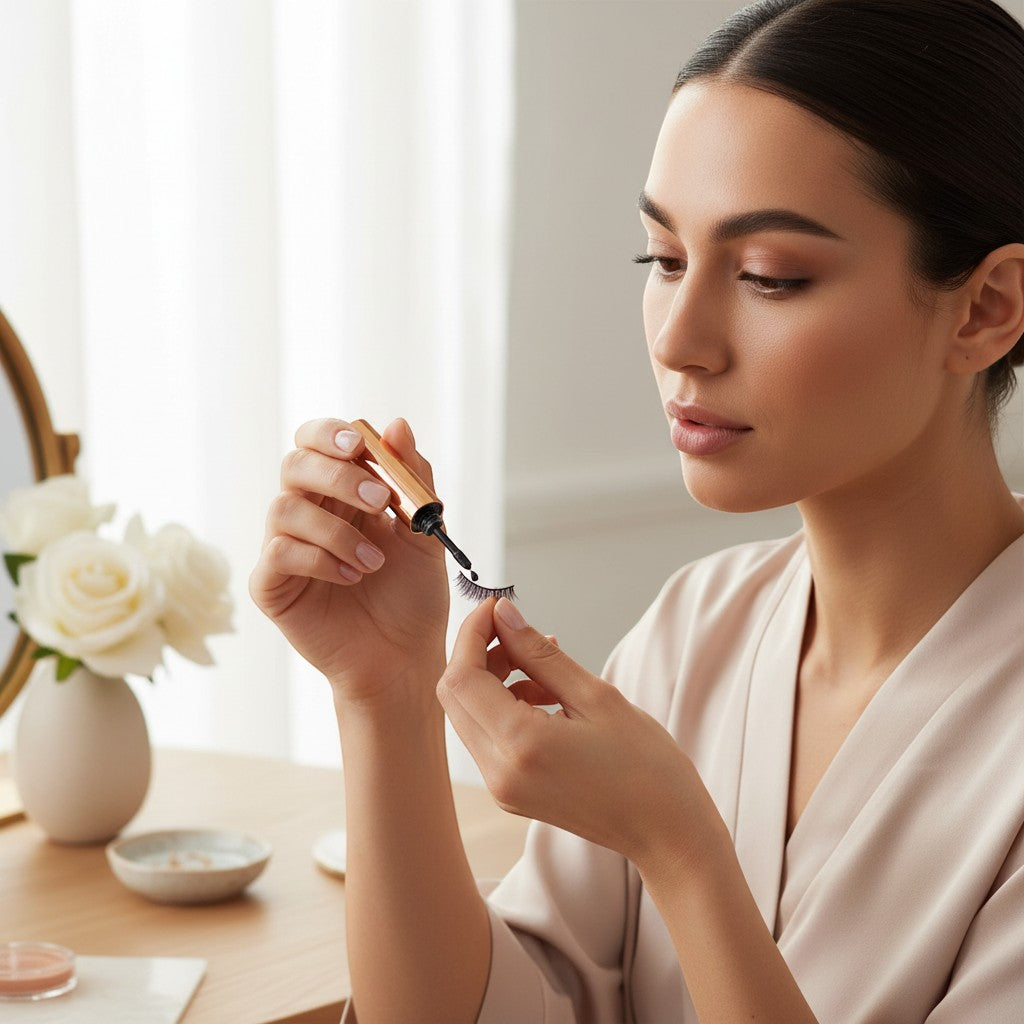 Aurapal black strip eyelash glue with a rose gold cap. Professional-grade adhesive for secure, long-lasting hold.