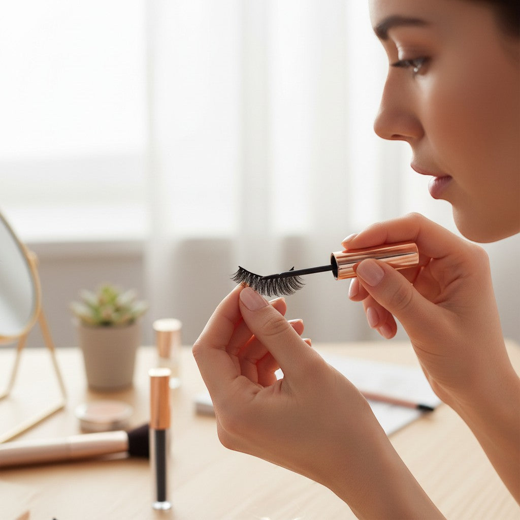 Aurapal black strip eyelash glue with a clear tube and rose gold cap. Professional-grade adhesive for secure, long-lasting hold.