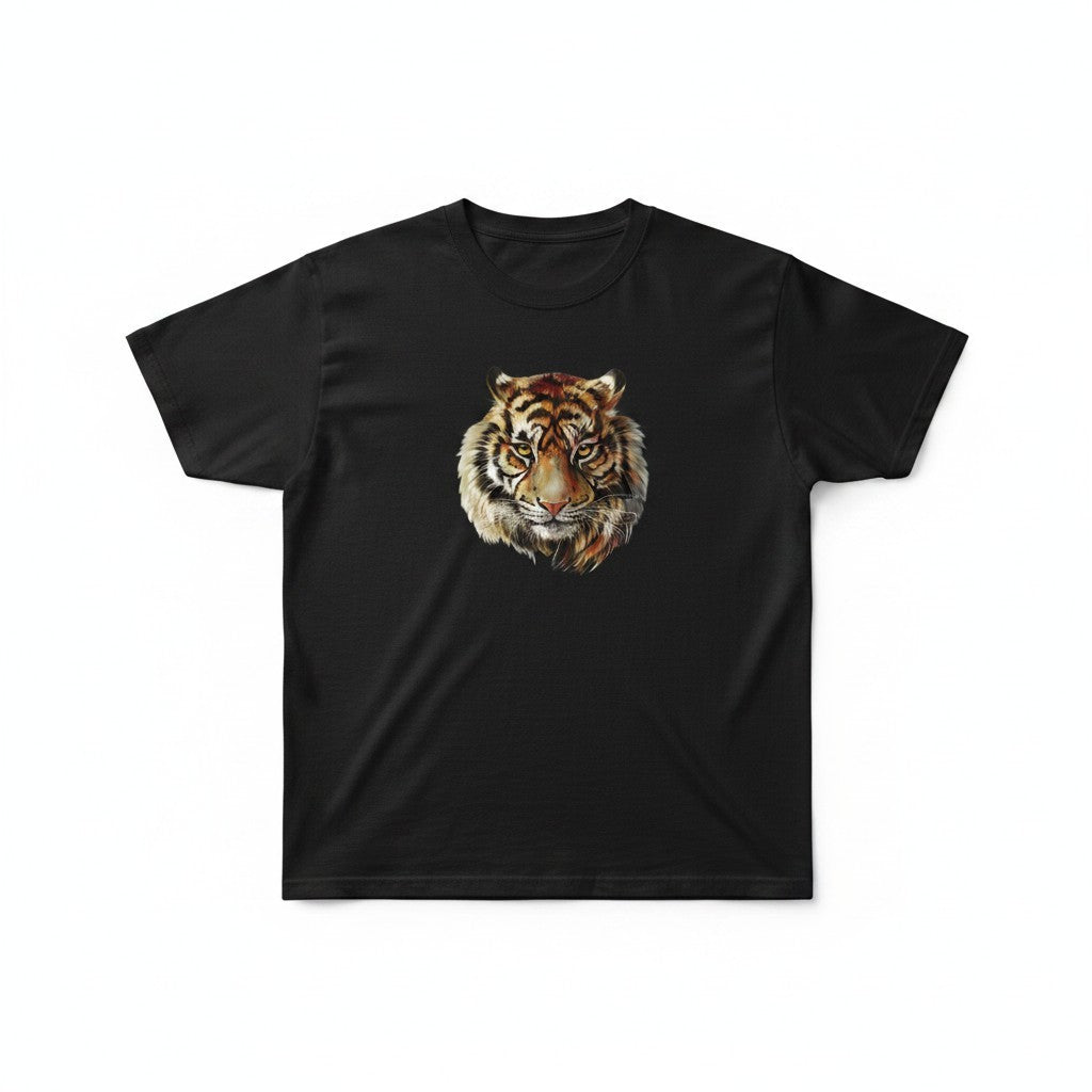 Aurapal black cotton crewneck t-shirt featuring a detailed, vibrant tiger portrait graphic on the chest.