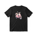 Aurapal black crew neck t-shirt featuring a vintage pink scooter graphic illustration on the chest