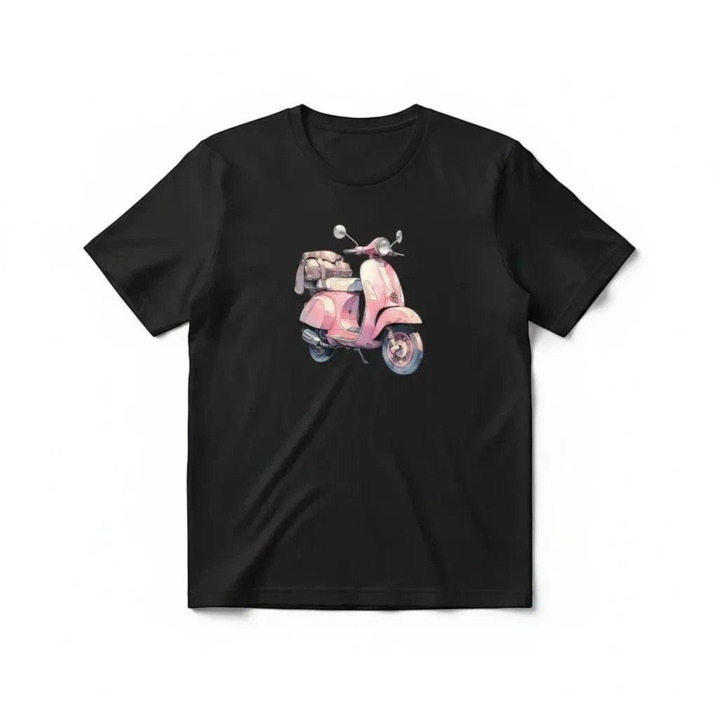 Aurapal black crew neck t-shirt featuring a vintage pink scooter graphic illustration on the chest